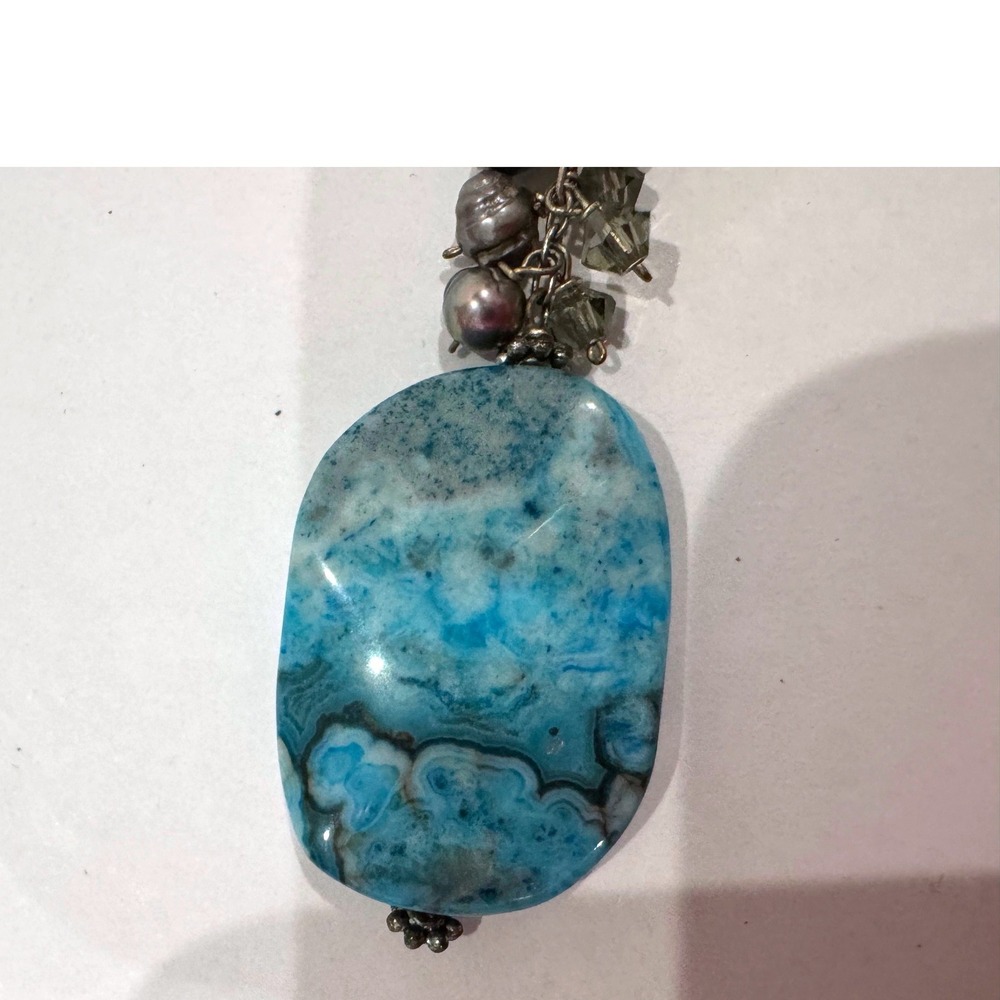 Boho Blue Agate Stone Necklace & Earrings Set Tiger Eye Pearl‎ Beaded Statement - Picture 4 of 9